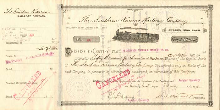 Southern Kansas Railway Co. - Railroad Stock Certificate